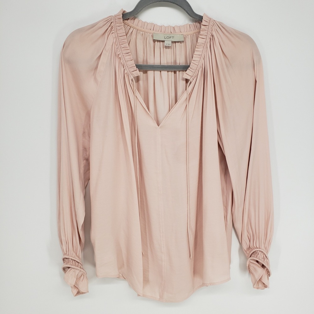 LOFT Ruffle Neck Tie Front Blouse Women XS Pink Long Sleeve Smocked Cuff Boho
